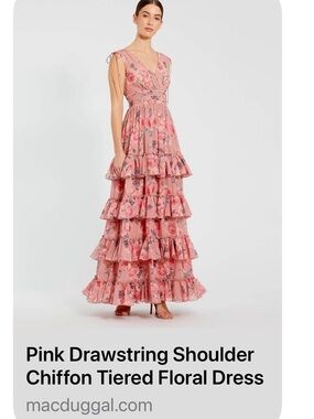 Mac Duggal Pink Floral Chiffon Tiered Maxi Dress